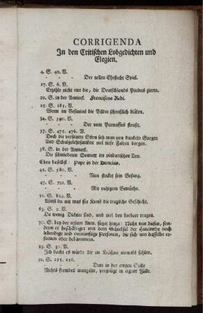 Corrigenda In den Critischen Lobgedichten und Elegien.