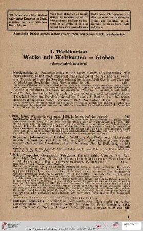 I. Weltkarten. Werke mit Weltkarten - Globen (Nr. 1 - 85)