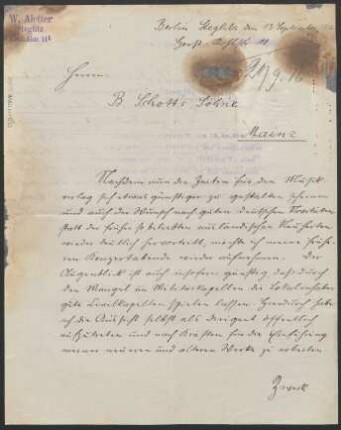 Brief an B. Schott's Söhne : 13.09.1916