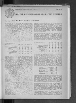 Der Seeverkehr des Hafens Hamburg im Mai 1937