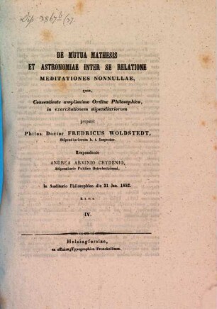 De mutua mathesis et astronomiae inter se relatione meditationes nonnullae. IV