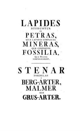 Lapides dividuntur in Petras, quae lapides simplices, Mineras, quae compositos, Fossilia, quae mixtos comprehendunt. - Stenar fördelas i Berg-Arter, Malmer och Gurs-Arter