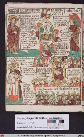Oben: Vier Engel halten die vier Winde der Erde fest (Offenb. 7,1). Unten: Die große Schar aus allen Völkern vor dem Thron Gottes (Offenb. 7,9).