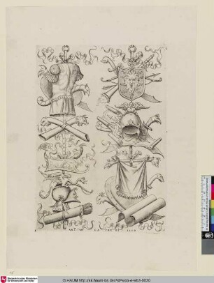 [Deux trophées, dont le premier offre en haut une cuirasse; Two Trophies with a Cuirass at upper left; Trophäe mit einem Brustpanzer]