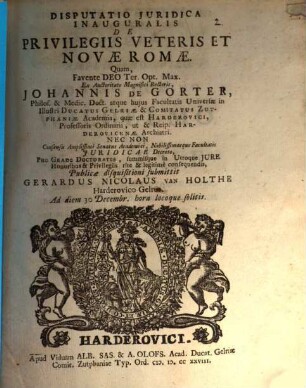 Disp. iur. inaug. de privilegiis veteris et novae Romae