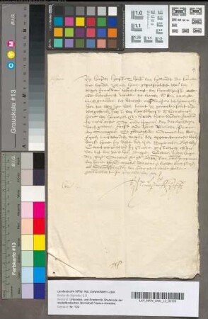 Stuk, gebruikt in een geding voor het Hof van Holland tusschen Geertruid van Bronkhorst en Batenburg, impetrante in rauw-actie, en Wilhelm, Prinse van Oranje, gedaagde, 1581. Gemerkt I.
