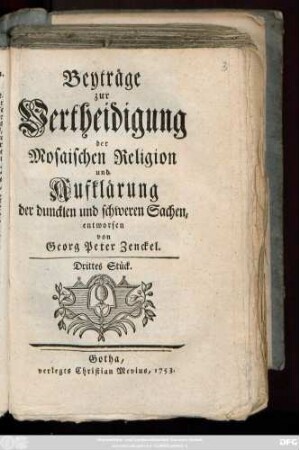 Stück 3: Beyträge zur Vertheidigung der Mosaischen Religion und Auflösung der schweren und strittigen Puncte