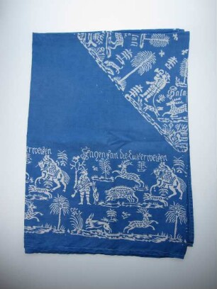 Blaudruck / Tischdecke mit Jagdmotiv