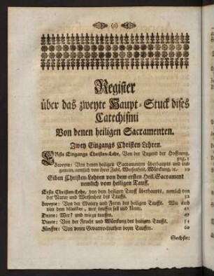 Register über das zweyte Haupt-Stuck dises Catechismi. Von denen heiligen Sacramenten