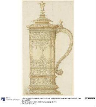 Kanne mit Deckel, mit Figuren und Drachenkopf als Henkel
