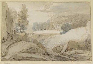 Gebirgslandschaft, links am Felsen drei Wanderer