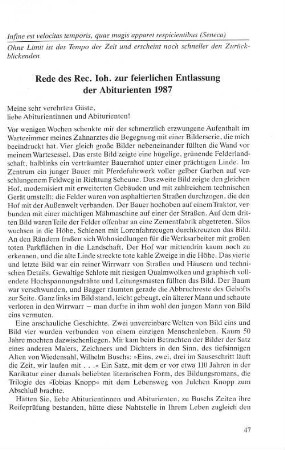 Rede des Rec. Joh. zur feierlichen Entlassung der Abiturienten 1987