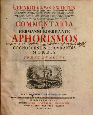 Gerardi van Swieten ... Commentaria in Hermanni Boerhaave aphorismos de cognoscendis et cvrandis morbis, 4