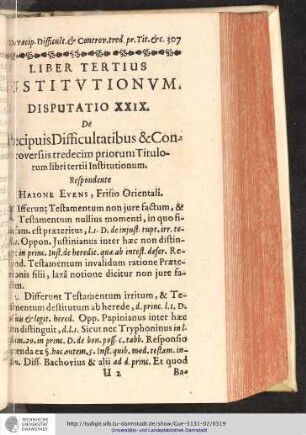 Disputatio XXIX. De Praecipuis Difficultatibus & Controversiis tredecim priorum Titulorum libri tertii Institutionum