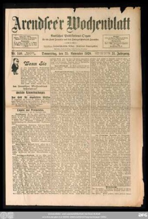 Arendsee'r Wochenblatt, Nr. 140. Donnerstag, den 25. November 1920.