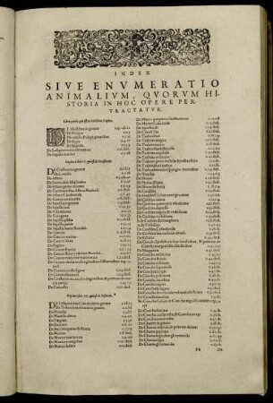 Index Sive Enumeratio Animalium, Quorum Historia in Hoc Opere Pertractatur.