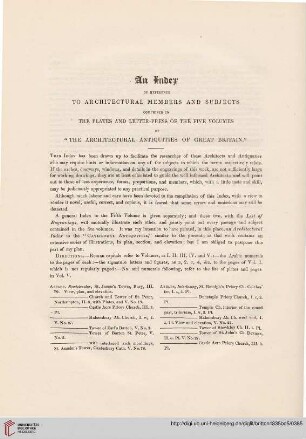 An index of references to architectural members and subjects comprised in the plates and letter-presse of this five volumes [...]