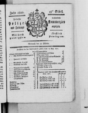 43tes Stück, Ausgabe vom 22. Oktober 1800