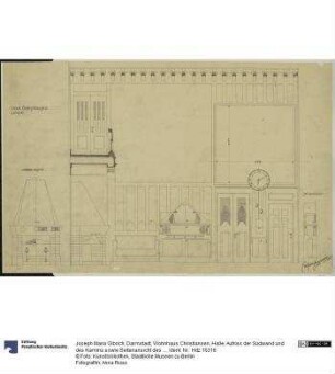Darmstadt, Wohnhaus Christiansen, Halle, Aufriss der Südwand und des Kamins sowie Seitenansicht des Schrankes