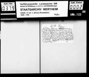 Fr. Ambrosius Planer, Kleriker zu Bronnbach (Brunnbach), gelobt den Satzungen und Regeln des Hl. Benediktus Treue und Gehorsam.