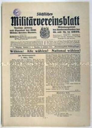 Mitteilungsblatt des Sächsischen Militär-Vereins-Bundes u.a. zur Reichstagswahl am 6. März 1933