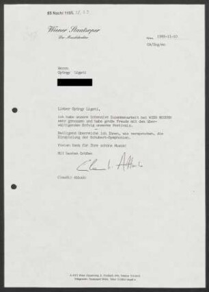 Brief an György Ligeti, 10.11.1988