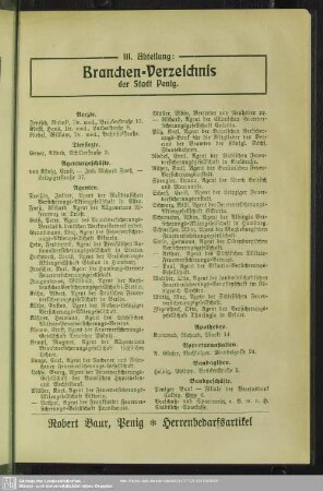 III. Abteilung. Berufsklassen und Gewerbebetriebe : III. Abteilung. Branchen-Verzeichnis der Stadt Penig