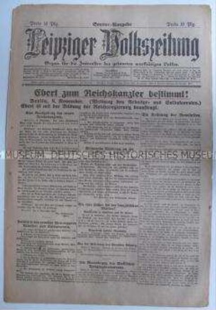 Sonderausgabe der "Leipziger Volkszeitung" zur Ernennung von Friedrich Ebert zum Reichskanzler