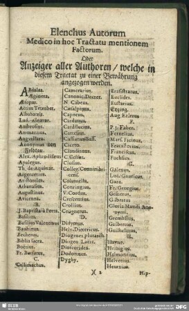Elenchus Autorum Medico in hoc Tractatu mentionem Factorum. Oder Anzeiger aller Authoren, welche in diesem Tractat zu einer Bewährung angezogen werden