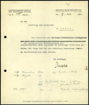 Schreiben; AIDR an DAI Athen (Anschreibelisten)