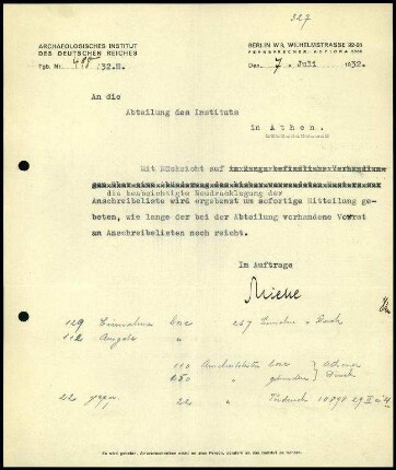 Schreiben; AIDR an DAI Athen (Anschreibelisten)