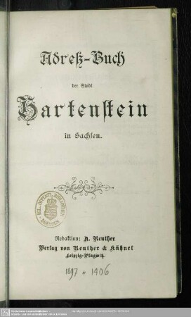 1897: Adreß-Buch der Stadt Hartenstein in Sachsen