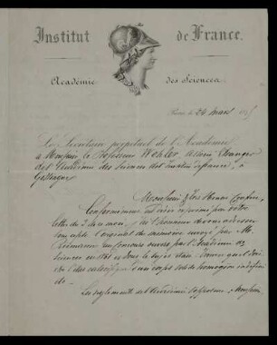 Brief des Institut de France an Friedrich Wöhler. Paris, 24.3.1875