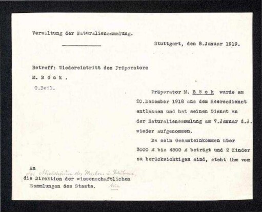 Wiedereintritt des Präparators M. Böck