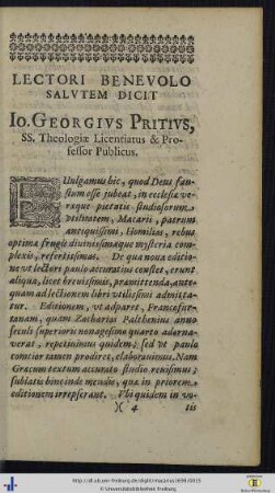 Lectori Benevolo Salutem Dicit Io. Georgius Pritius.