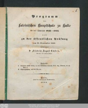 1844: Programm der Lateinischen Hauptschule in Halle : für d. Schuljahr ...
