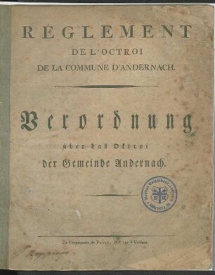 Réglement de l'octroi de la commune d'Andernach