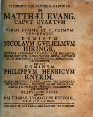 Specimen philol. crit. in Matthaei evang. caput quartum