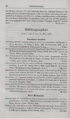 Bibliographie vom 1 April bis 31. Mai 1857.