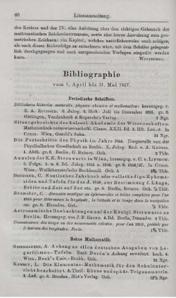 Bibliographie vom 1 April bis 31. Mai 1857.