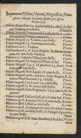 Sequuntur Psalmi, Hymni, Magnificat, Completor: Antiph. Letaniae, [et] alia pro officia Vespertino.