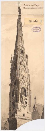 Rathaus, Aachen Wiederaufbau der Rathaustürme: Perspektivische Ansicht des Turmes (Studie 7)