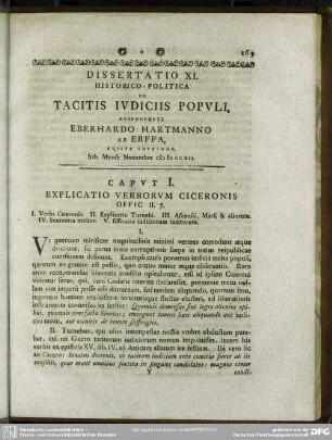 Dissertatio XI. Historico-Politica De Tacitis Iudiciis Populi, Respondente Eberhardo Hartmanno Ab Erffa, Equite Thuringo, hab. Mense Novembre M D CC XII