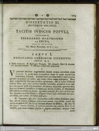 Dissertatio XI. Historico-Politica De Tacitis Iudiciis Populi, Respondente Eberhardo Hartmanno Ab Erffa, Equite Thuringo, hab. Mense Novembre M D CC XII