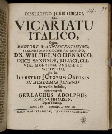 Dissertatio Juris Publici, De Vicariatu Italico,