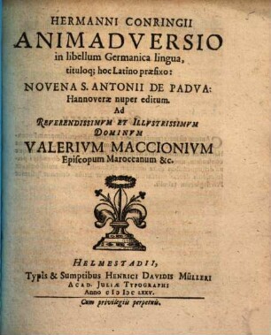Hermanni Conringii animadversio in libellum germanica lingua tituloque hoc latino praefixo: novena S. Antonii de Padua : Hannoverae nuper editum