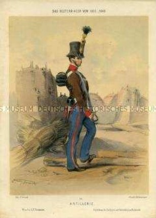 Uniformdarstellung, Artillerist, Österreich, 1835/1848. Tafel 96 aus: Gerasch: Das Oesterreichische Heer.