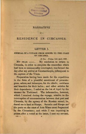 Journal of a Residence in Circassia : during the Years 1837, 1838 and 1839 ; in 2 Volumes, 1