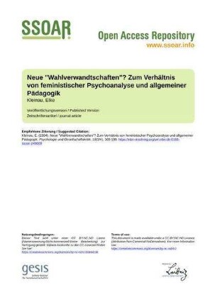 Neue "Wahlverwandtschaften"? Zum Verhältnis von feministischer Psychoanalyse und allgemeiner Pädagogik