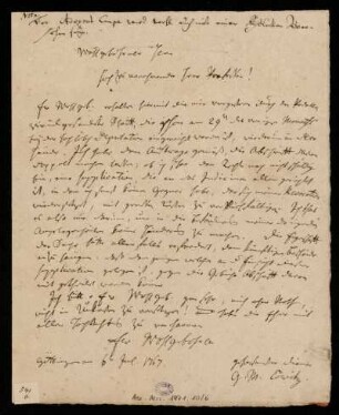 Brief von Georg Moriz Lowitz an Christian Gottlieb Riccius, Göttingen, 6.7.1767